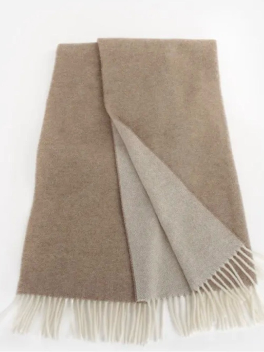 Poppy Barly Reversible Taupe & Cream Fringed Scarf Italian wool and cashmere